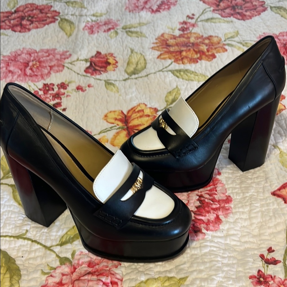 Michael Kors Black and White Platform Loafer Heels Shoes